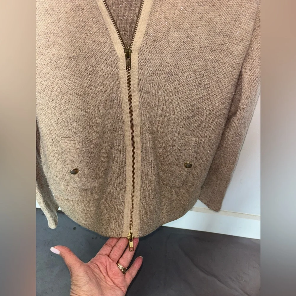 J. Crew Merino Wool Brown Metallic Zip Front Cardigan‎ Sweater Small Women’s